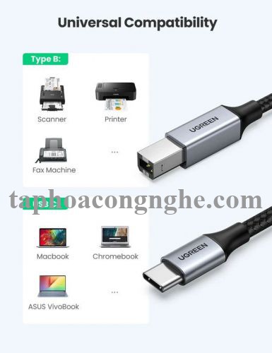 Ugreen 80808 3M màu xám đầu nhôm cáp USB type C ra usb B máy in dây dù US370 30080808